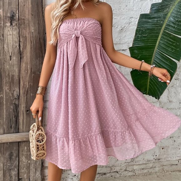 Dusty Pink Boho Womens Swiss Dot Knot Front Ruffle Hem Tube Dress - Picture 2 of 5